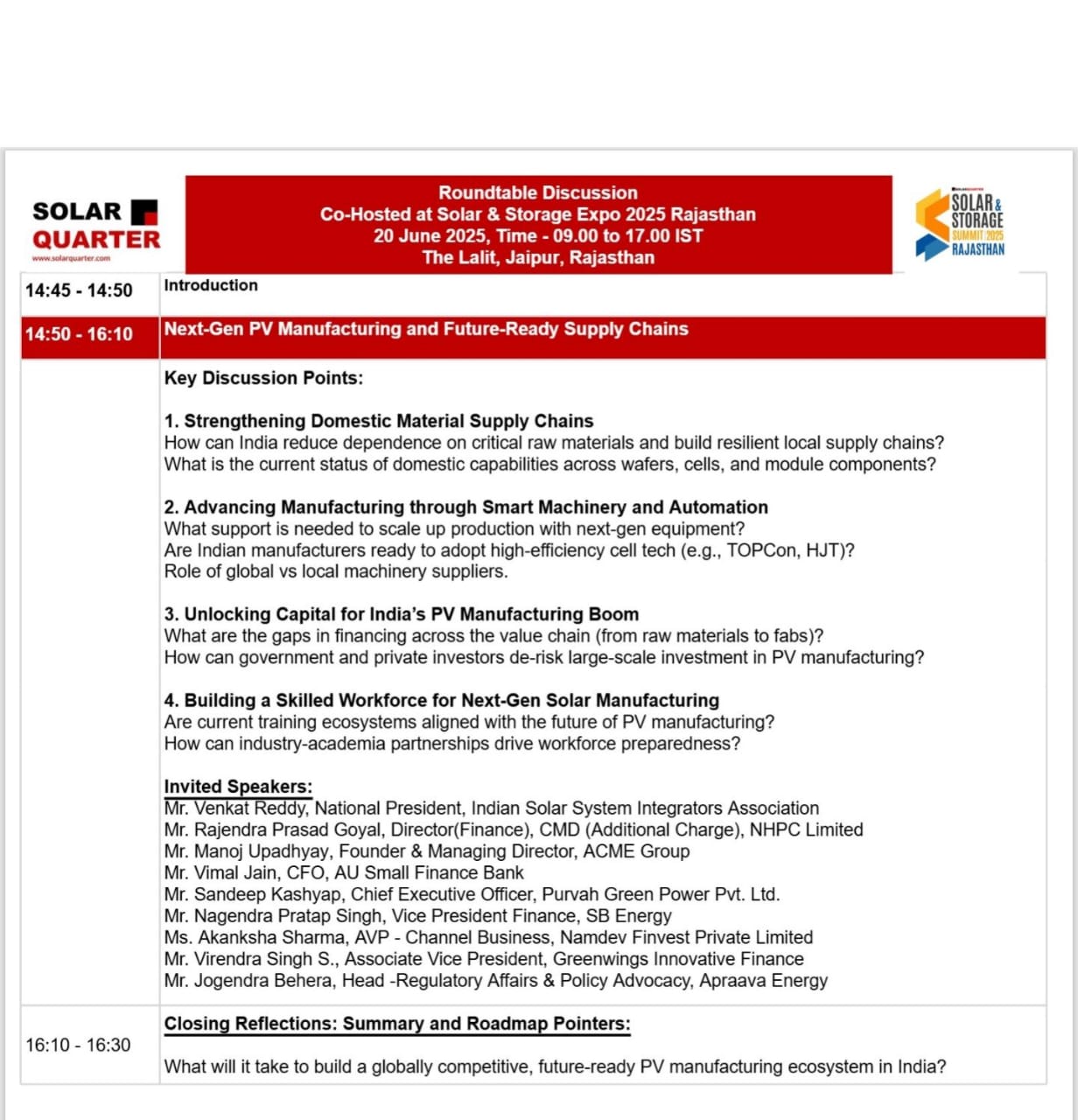 Solar and Storage Expo Rajasthan roundtable agenda